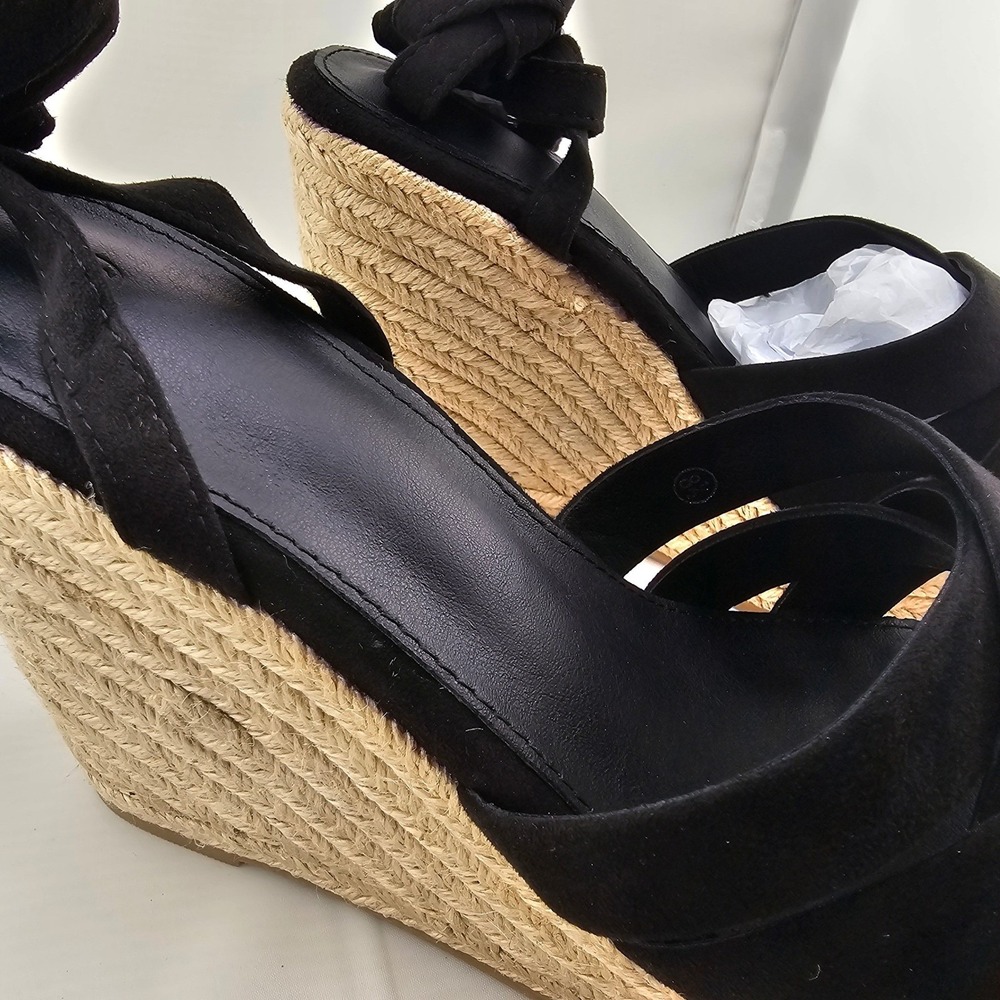 LAICIGO Women's Black Faux Suede Open Toe Espadrille Wedge Sandals Size 8.5‎ New - Picture 9 of 11